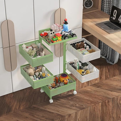 Rotating Kitchen Storage Rack No Assembly, Fruit Basket,Bathroom Storage Cart,Kitchen Organizers and Storage Cart on Rolling Wheels(Green White, 5 Tier-Square)