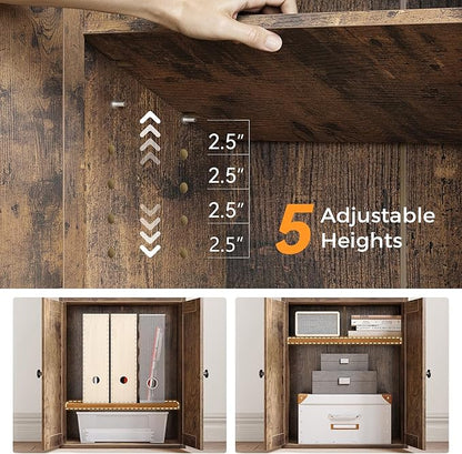 Casaottima Bookshelf and Bookcase with Doors and Drawer, Floor Standing 6-Tier Shelf Display Storage Shelves, Tall Bookcases for Home Office, Living Room, Vintage
