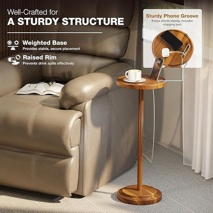 Drink Table, 24.4" Tall Compact Side Table with Phone Slot and Weighted Base, Durable Pedestal Table Accent for Living Room (Stepped Base, Acacia)