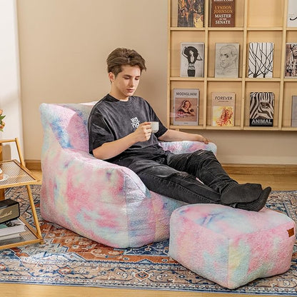 Bean Bag Chair, Sherpa Accent Beanbag Chair and Ottoman Set, Fur Faux BeanBag Chair with Memory Foam Filled, Lazy Sofa Comfy Cozy BeanBag Chair for Dorm, Apartment, Living Room (Colorful)