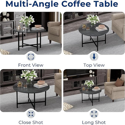 Round Coffee Table, 23.6" Small Coffee Tables for Living Room, Circle Coffee Table with Metal Frame, Floor Table Desk for Sitting on The Floor, Home, Office, Grey