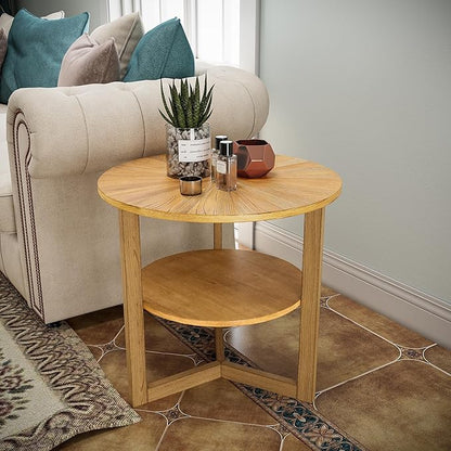 MODERION Large Round End Table, Rustic Beside Table with Umbrella Shaped Top, Traditional Circular Sofa Side Table with Shelf, 25.2”D Nightstand, Telephone Table for Living Room Natural CJZ3338OA