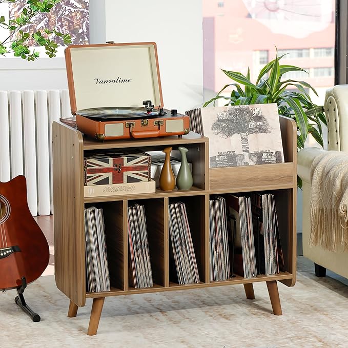 Record Player Stand, Large Record Player Table Cabinet with Open Vinyl Storage and Display Shelf Holds up to 350 Albums, Mid Century Wood Turntable for Living Room, Bedroom (Walnut)