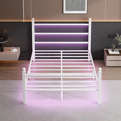 Full Size Bed Frame with Headboard and Footboard,Steel Slats Support-LED Bed Frame with USB Charging Station,Mattress Foundation-Under Bed Storage,No Box Spring Needed,Noise Free,White