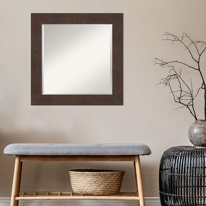 Amanti Art Brown Bathroom Mirror for Over Sink, 25x25 Wildwood Brown Square Vanity Mirror, Medium Rustic Farmhouse Frame, Hangs Horizonally and Vertically, Bathroom Wall Decor, Beveled Edge