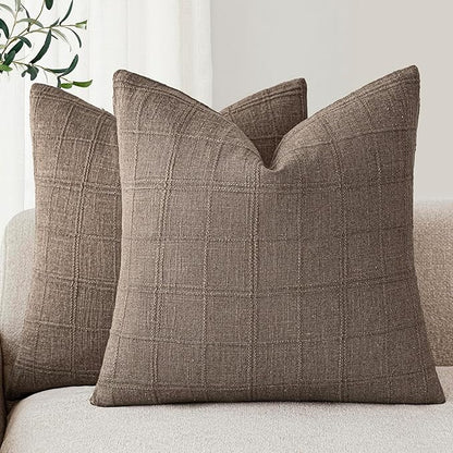 Foindtower Set of 2 Decorative Linen Check Throw Pillow Covers Neutral Farmhouse Vintage Cushion Covers Modern Boho Home Decor for Sofa Chair Couch Bedroom Living Room Outdoor,18×18 Inch,Taupe Grey