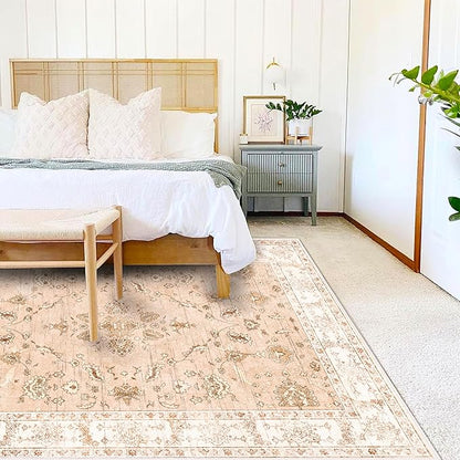 Area Rug 8x10 Washable Rug Tangerine Vintage Traditional Mat Distressed Indoor Foldable Thin Retro Accent Floral Print Rug Non Slip Carpet Living Room Dining Room Office