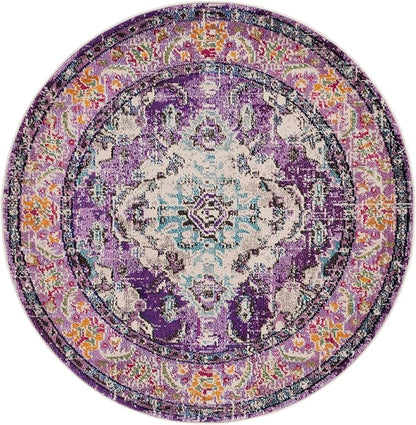 SAFAVIEH Monaco Collection Area Rug - 5' Round, Violet & Light Blue, Boho Chic Medallion Distressed Design, Non-Shedding & Easy Care, Ideal for High Traffic Areas in Living Room, Bedroom (MNC243L)