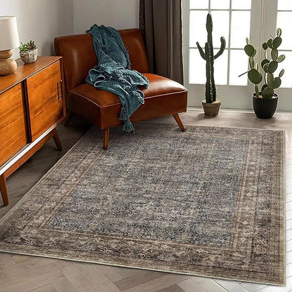 Washable Area Rug 4'x6' Traditional Floor Cover Foldable Thin Rugs Retro Kitchen Indoor Distressed Non Slip Carpet Floral Print Mat Bedroom Living Room