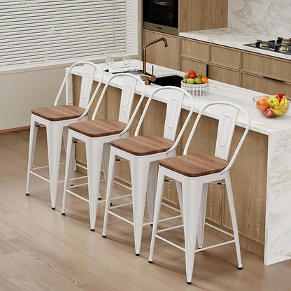 Changjie Furniture 30 Inches Metal Barstools Set of 4 Counter Height Bar Stools Industrial Stools with Backs High Back Chairs for Kitchen Island (30 Inch, White)
