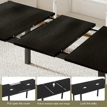Feonase 63 Inch Extendable Kitchen Table, Modern Farmhouse Dining Table for 4-8, Wooden Dining Room Table for Small Space, Dining Room, Home Office, Living Room Furniture,Black