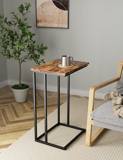 Innerjoin Wide C Side Table,C Couch Laptop Table with Metal Frames, Small Snack End Table for Sofa and Bed, Retro Laptop C Side Table, Living Room and Bedroom, Industrial Style, Rustic Brown