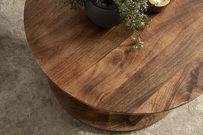 Kate and Laurel Aja Bohemian Round Wood Coffee Table; 26 inch Diameter; Walnut Brown; Decorative Boho Modern Coffee Table for Hosting; Storage; and Display