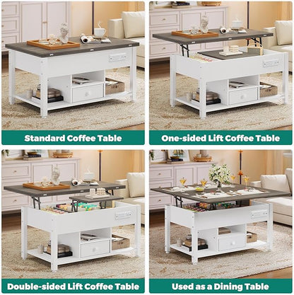 YITAHOME 4-in-1 Lift Top Coffee Table with RGB Light & Dual Tops, Multi-Function Table with Power Outlets, Storage, Converts to Dining Table Computer Desk Gaming Hub, Living Room, Home Office, White