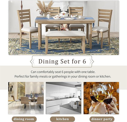 SogesPower 6-Piece Rustic Dining Table Set for 4-6,Rectangular Farmhouse Kitchen Table Set with 4 Chairs & 1 Bench for Dining Room Living Room,Natural Wood