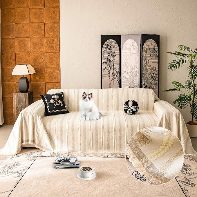 Couch Cover for Dogs Washable Sofa Cover, Sectional Couch Covers, Sofa Covers for 2 Cushion Couch, Non Slip Stripe Sofa Slipcovers Furniture Protector, Couch Protector from Cat Claws, Beige,71''x150''
