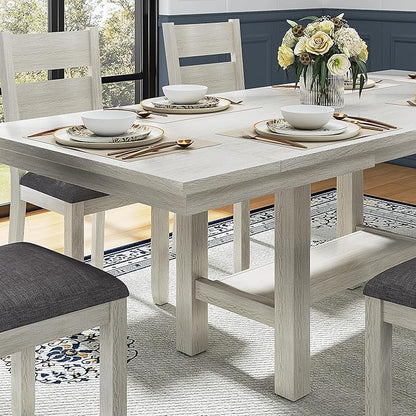 6-Piece Solid Wood Dining Table Set for 6, Extendable Table with 4 Upholstered Chairs and 1 Bench– Easy Assembly for Indoor Use, Kitchen, Dining Room, Grey