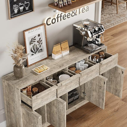 GarveeHome Sideboard Buffet Cabinet with 4 Drawers, 62.4" Large Coffee Cabinet with Storage, Modern Storage Buffet Table for Kitchen Dining Room, Living Room (Grey, 4 Doors & 4 Drawers)