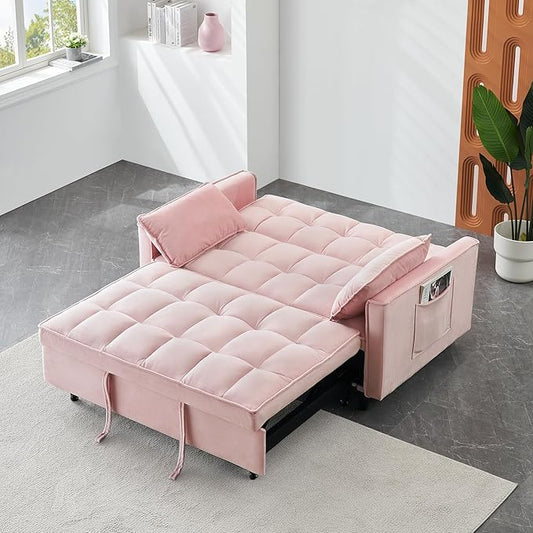 Ball & Cast Convertible Sofa Bed,Loveseat Sleeper Sofa W/Pull-Out Bed&2 Pillows,Convertible Pull Out Couch W/Adjustable Backrest&Side Pocket,Velvet Futon Couches for Living Room,Apartment,Pink,55"