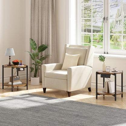 LIKIMIO Small Round End Tables Set of 2 with Charging Station, 2-Tier Wooden Side Tables, 15.8" W Modern Nightstands for Small Spaces, Living Room, Bedroom, Rustic Brown