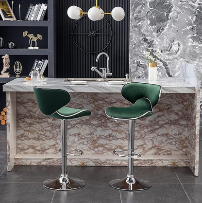 Roundhill Furniture Masaccio Velvet Upholstered Adjustable Swivel Barstool, Set of 2, Green