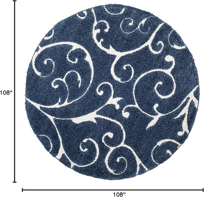 SAFAVIEH Florida Shag Collection 9' Round Dark Blue/Cream SG455 Scrolling Vine Graceful Swirl Textured Non-Shedding Living Room Bedroom Dining Room Entryway Plush 1.2-inch Thick Area Rug