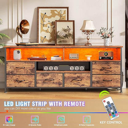 Furologee 55" LED TV Stand for Bedroom with Power Outlets, Entertainment Center with 6 Fabric Drawers for 50/55/60 inch TVs, Dresser TV Stand Long Console Media Table for Living Room, Rustic Brown