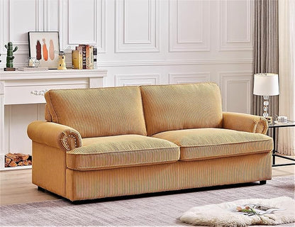 Reversible Sleeper Sofa Bed with Comfortable Memory Foam Mattress, Convertible Corduroy Full Size Pull Out Couch for Living Room, Space Saving Furniture, 72" Wide, Rounded Arms, Ginger