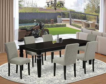 East West Furniture LGAB7-BLK-06 7 Piece Dining Room Table Set Consist of a Rectangle Wooden Table with Butterfly Leaf and 6 Shitake Linen Fabric Upholstered Chairs, 42x84 Inch, Black