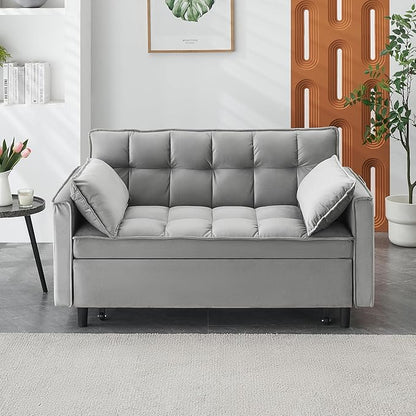 Ball & Cast Velvet Futon Sofa Couch with Pull-Out Bed,3 in 1 Convertible Sleeper Sofa Bed,Convertible Pull Out Couches W/2 Pillows,Adjustable Backrest & Side Pocket,for Living Room,Apartment,Gray,55"