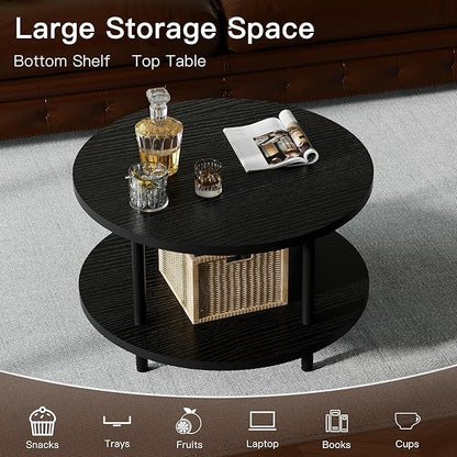 Round Coffee Table, 23.6" Circle Coffee Table for Living Room, 2-Tier Wood Accent Center Table with Open Storage Industrial Design Home Furniture, Black