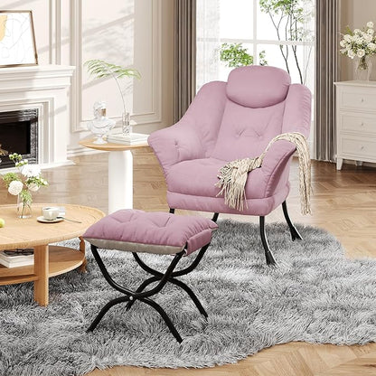 IDEALHOUSE Lazy Chair with Ottoman - Modern Living Room Chairs for Small Spaces, Ergonomic Reading Chair with Armrests, Comfy Chair with Ottoman for Bedroom & Living Room, Pink