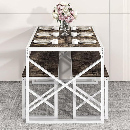 VECELO Kitchen Dining Table Set for 4 to 6, 55" Wood Dinette 2 Benches with Metal Frame for Dinner Breakfast Nook and Small Space, Dark Brown