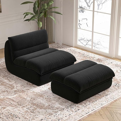 Bean Bag Chair with Ottoman, Cozy Comfy Reading Nook Chairs, Ultra Soft Corduroy Fabric Bean Bag Chairs for Adults, Reading Chair with Ottoman for Living Room, Bedroom Apartment (Black)