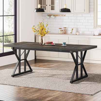 Tribesigns Farmhouse Dining Table for 6 People, 70.8-Inch Rectangular Wood Dining Table, Rustic Kitchen Table with Heavy Duty Metal Legs for Dining Room (Black, 70.8 Inch)