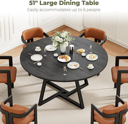 IRONCK 51" Round Dining Table for 6, Wood Kitchen Table with Metal Base, Space Saving Industrial Circle Dinner Table for Kitchen Dining Room, Black