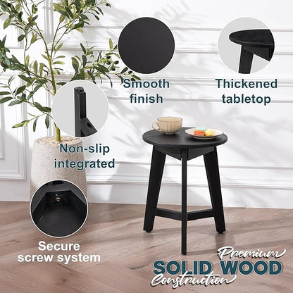 Round Side Table – Solid Acacia Wood End Table for Living Room or Bedroom – Black Wood Finish, Compact Nightstand or Accent Table for Sofas & Beds (13 x 16 x 13 Inches)