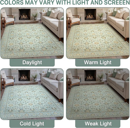 8X10 Area Rugs Machine Washable Runner Rugs for Living Room Bedroom Hallway, Non Slip Indoor Soft Accent Distressed Boho Vintage Print Lightweight Thin Low Pile Carpet, Misty Blue