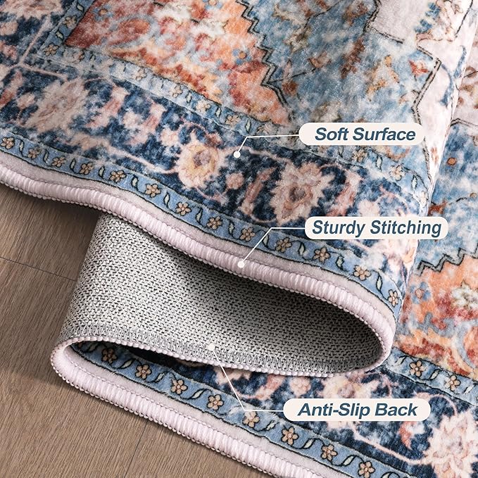 Tangsoo 2x6 Washable Runner Rug for Hallways, Non Slip Vintage Rugs, Soft Low Pile, Print Distressed Blue/Orange Carpet Runners for Kitchen Bedroom Entryway Bathroom Living Room