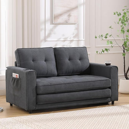 ERYE 3 Fold Tufted Upholstered Futon Sofa Bed Modern Convertible Foldable Floor Loveseat Sofabed with Pull Out Sleeper Couch Daybed W/Cupholders and Pockets for Living Room