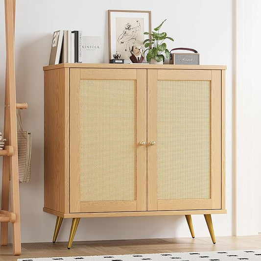 Shintenchi Rattan Buffet Cabinet with Storage, Sideboard Buffet Cabinet with Rattan Decor Doors, Modern Wood Cupboard for Kitchen Living Room Dining Room Hallway Entry, Natural