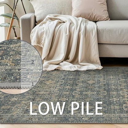 2X10 Area Rugs Machine Washable Rugs for Living Room, Vintage Boho Large Rugs for Bedroom Dining Room, Non Slip Indoor Soft Distressed Lightweight Thin Low Pile Carpet, Deep