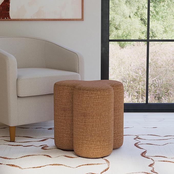 HomePop Upholstered Clover Shaped Ottoman (No Lid, Seat Only) Home Décor | Foot Rest Pouf – Rust Orange Chenille