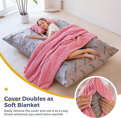 MAXYOYO Giant Bean Bag Chair with Pillow, 3 in 1 Convertible Bean Bag Chair for Adults with Washable Cover, Removable Floor Cushion Stuffed Floor Lounger for Living Room Bedroom, Pink, Queen