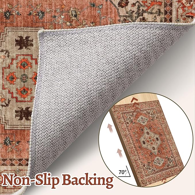 Boho Small Area Rug, 2x3 Washable Rug for Entryway, Vintage Throw Rug Oriental Non Slip Indoor Front Door, Distressed Terracotta Door Mat Carpet, Soft Low Pile Rugs for Entrance Kitchen Bedroom