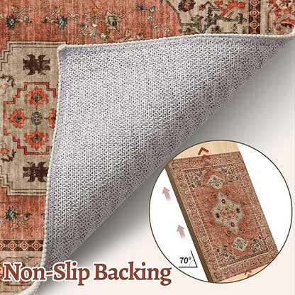Boho Rug 4x6 Area Rug, Washable Vintage Indoor, Oriental Non Slip Distressed Terracotta Carpet, Machine Washable Rug, Soft Low Pile Rugs Foldable Floor for Dining Room Bedroom Living Room