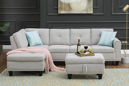 Ball & Cast 98" L Shaped Sectional Couch for Living Room with Chaise & Storage Ottoman,4 Seat Linen Upholstered Modular Sectional Sofa Set 3 PCS W/Cup Holder & Nailhead Trim,for Home,Office,Light Gray