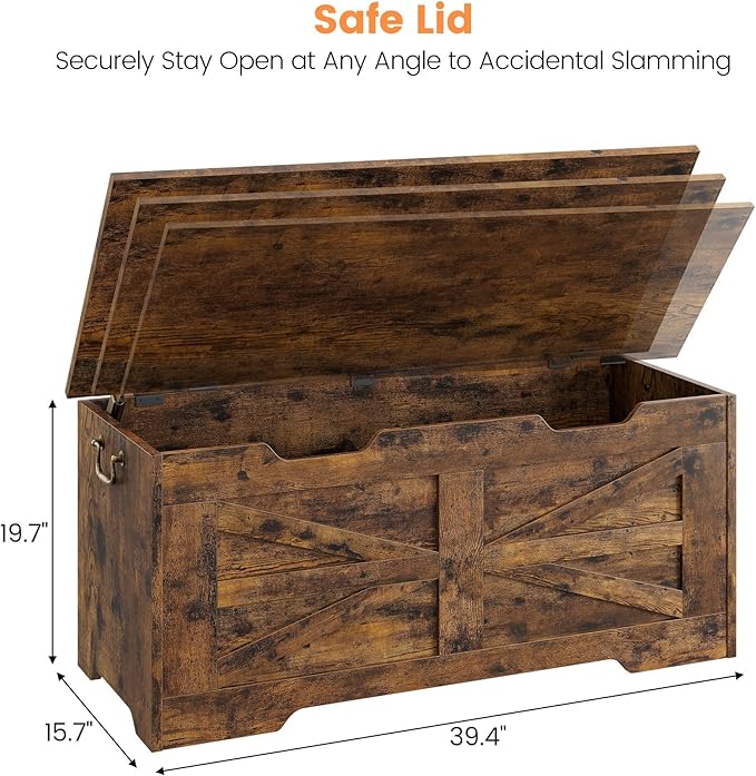 GarveeHome 39.4" Storage Chest, Toy Chest With Lids, Entryway Storage Bench with Safety Hinge, Wooden Storage Trunk, Supports 350 Lb, for Living Room, Bedroom, Rustic Brown