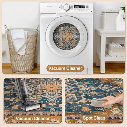 Tangsoo 4x6 Washable Rug Vintage Non Slip Indoor, Distressed Carpet for Living Room, Dining Room, Soft Low Pile Rugs Foldable Floor for Bedroom Dorm Bedside Bathroom Indigo Ochre
