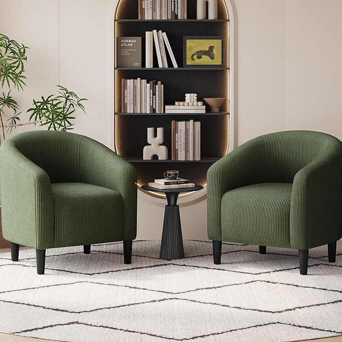 Yaheetech Accent Barrel Chair, Corduroy Fabric Club Chair, Furry Sherpa Elegant Armchair with Cozy Soft Padded, Suitable for Living Room Bedroom Reception Room Office, Dark Green